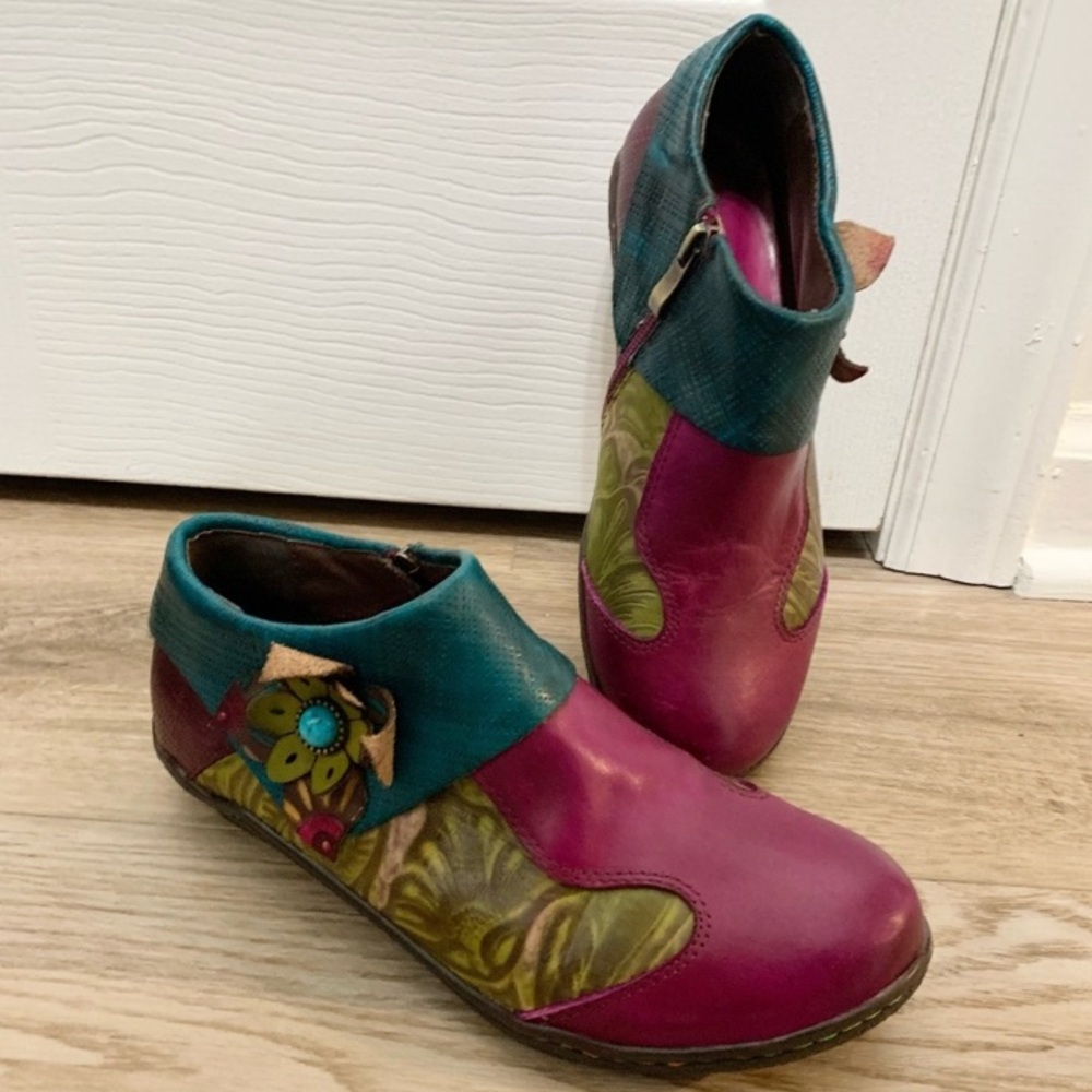 Socofy Leather Floral Flats Shoes - Colorful - 38 - 7-7.5